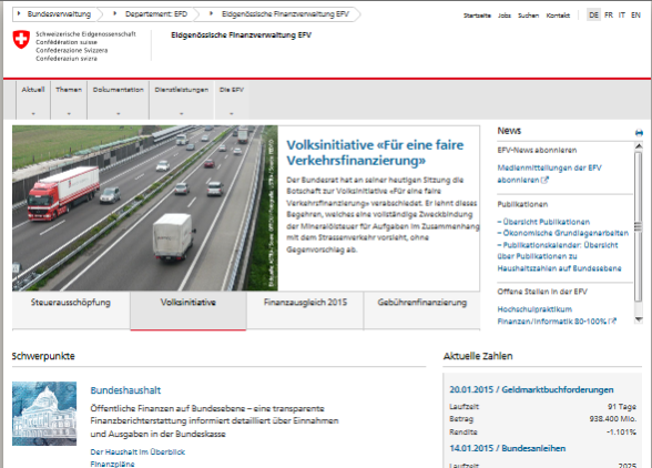 Beispiel für das seit Mitte 2014 gültige Webdesign Bund: Website der Eidg. Finanzverwaltung